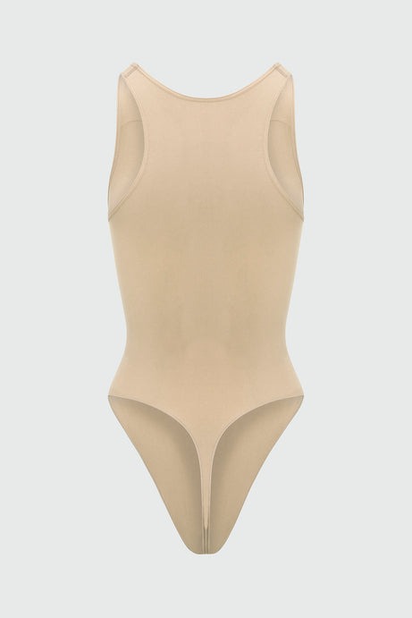 Nova Sculpt Seamless Strong Compression Scoop Neck Thong Bodysuit - Sand