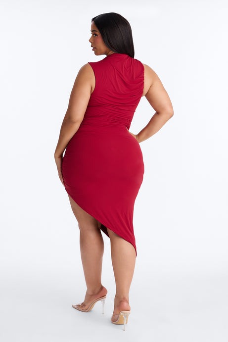 Second Skin Double Lined Ruched Slit Midi Dress - DarkRed