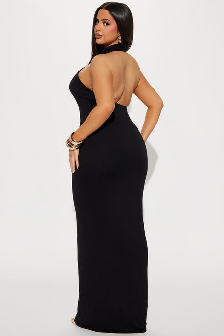 Smooth Double Lined Halter Maxi Dress - Black