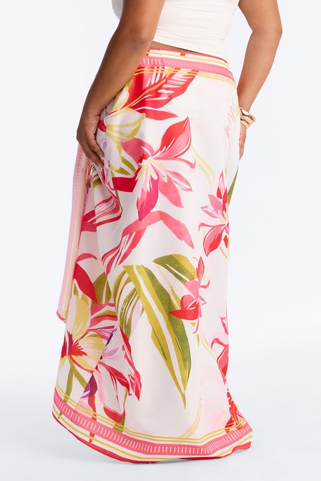 Jet Set Tropical Print Wrap Skirt - Pink/combo