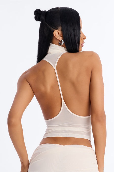 Power Mesh High Neck Thin Racerback Sleeveless Top - Bone