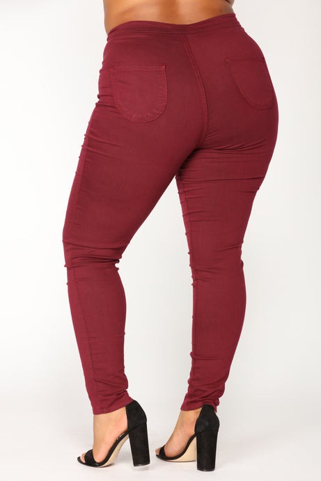 Super High Waist Denim Skinnies - Burgundy