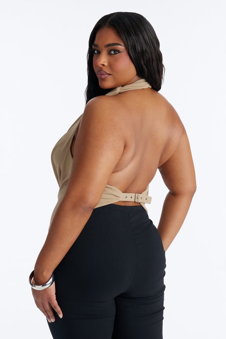Piper Studded Crepe Knit Cowl Neck Halter Top - Stone