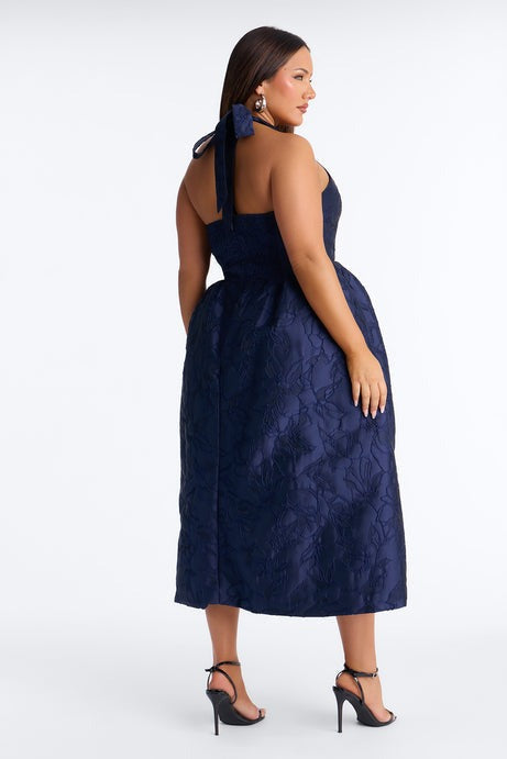 Keep You Enchanted Jacquard Halter Midi Dress - Navy