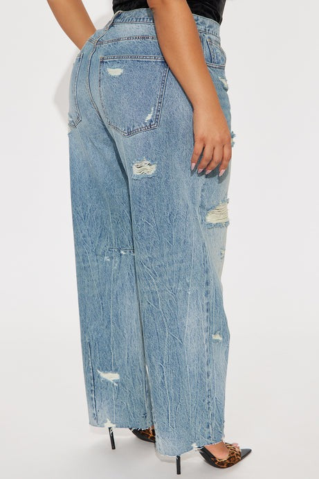 Bexy Destructed Barrel Wide Leg Jeans - Medium Wash