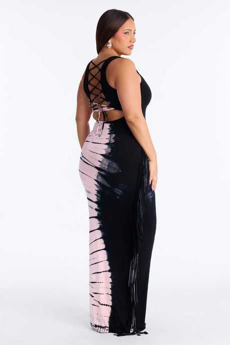 Jadyn Tie Dye Fringe Maxi Dress - Black/Pink
