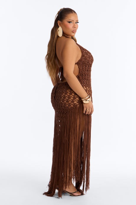 Heatwave Fringe Crochet Maxi Dress - Chocolate