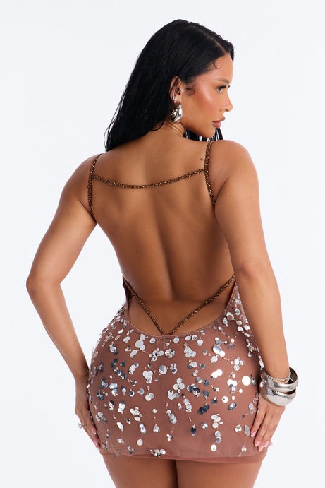 Sparkle Mesh Sequin Mini Dress - Nude/combo
