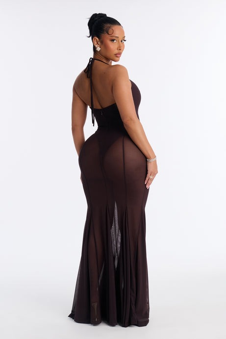 Power Mesh V Neck Halter Maxi Dress - Chocolate