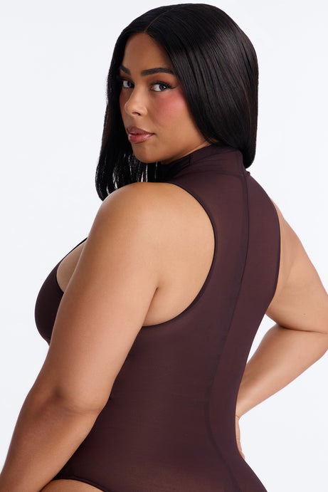 Power Mesh Turtle Neck Sleeveless Bodysuit - Chocolate