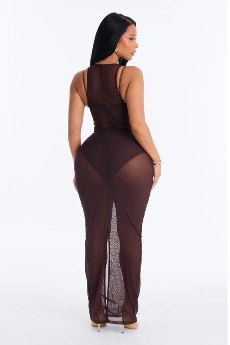 Power Mesh Sleeveless 3 Piece Maxi Dress Set - Chocolate