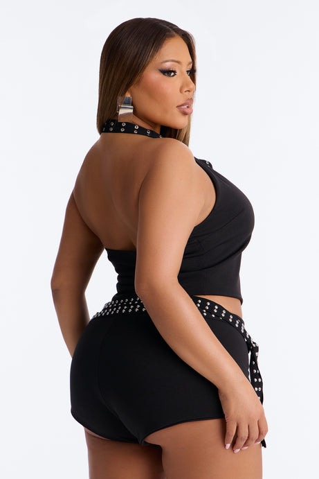 Admit One Studded Grommet Halter Short Set - Black