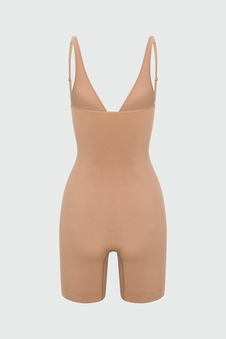Nova Sculpt Seamless Strong Compression Zip Front Thigh Shaping Bodysuit - Nude