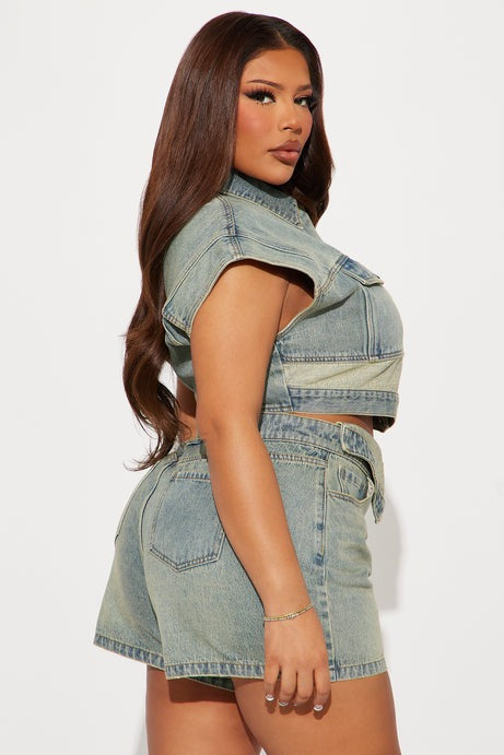 Brenda Washed Denim Short Set - Vintage Wash