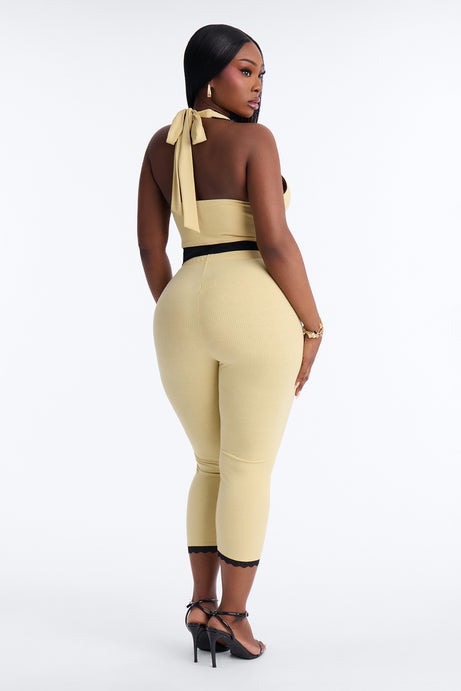 Your's Truly Halter Laced Ribbed Capri Set - Yellow/combo