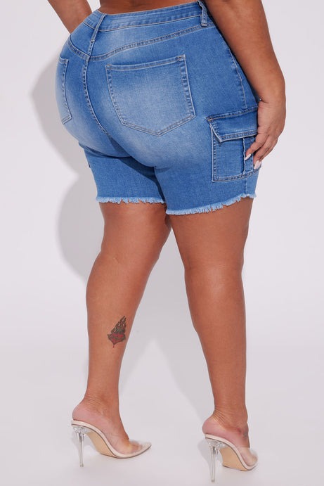 What Goes Around Stretch Cargo Denim Shorts - Medium Wash