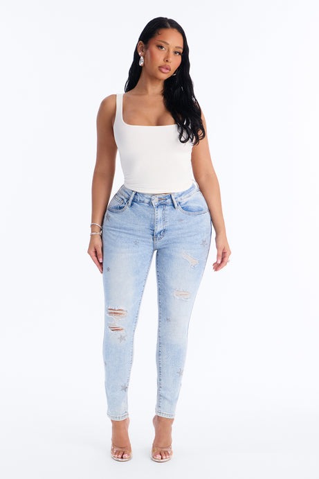 Super Stars High Rise Ripped Skinny Jeans - Light Wash