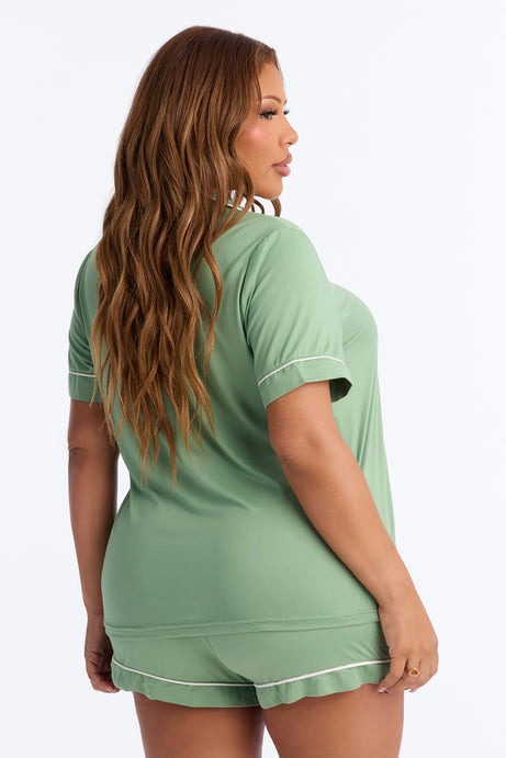 Blush Nights Button Up Short Sleeve PJ Short Set - Green