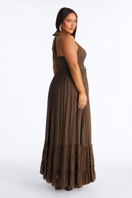 Freya Smocked Linen Maxi Dress - Chocolate