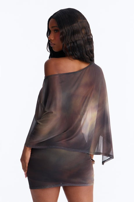 Camaria Mesh Poncho Skirt Set - Brown/combo