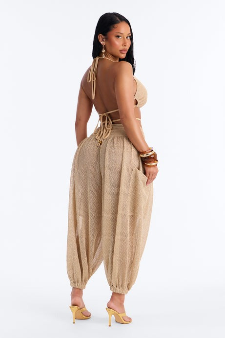 Bronzed Babe Metallic Crochet Pant Set - Gold