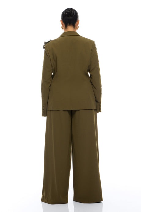 Indie Embellished Blazer Pant Set - Olive