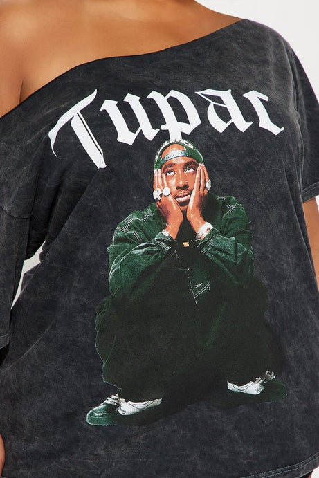 Tupac Off Shoulder Washed Tee - Black