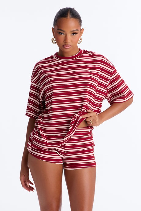 Need A Minute Striped Short Set - Red/combo