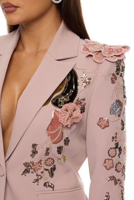 Indie Embellished Blazer Pant Set - Mauve