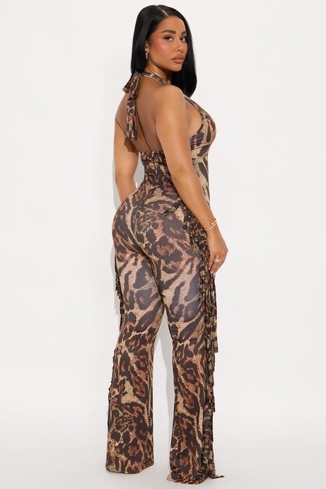 Lush Safari Animal Print Flare Halter Jumpsuit - Brown/combo