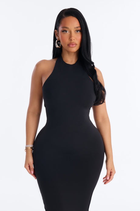 Second Skin Bra Pad Sleeveless Halter Maxi Dress - Black