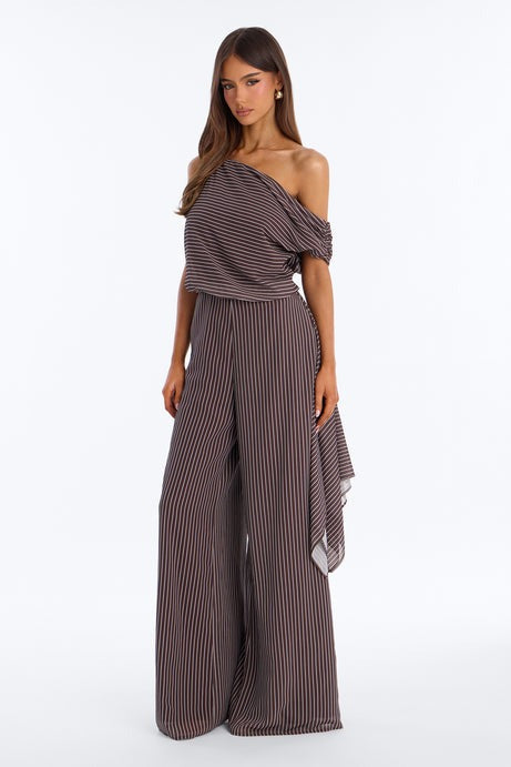 Blake Striped Tie Waist Jumpsuit - Chocolate