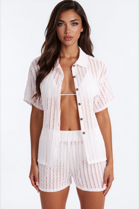 Seaside Vacation Button Up Cover Up Shorts Set - White