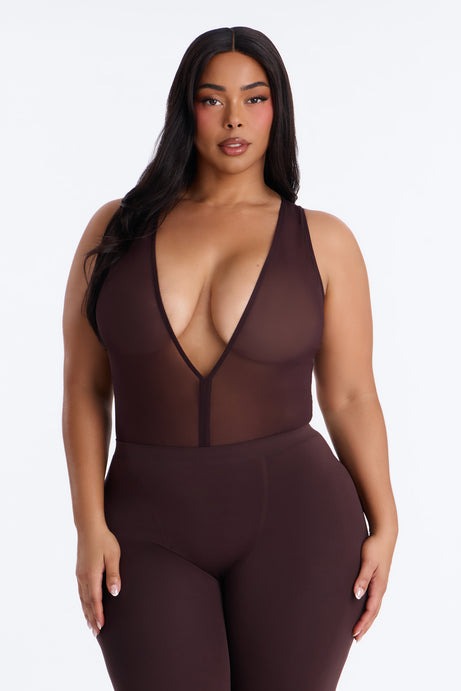 Power Mesh Deep V Neck Sleeveless Bodysuit - Chocolate
