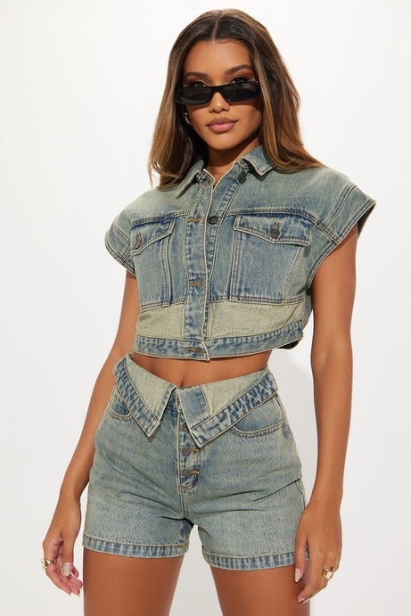 Brenda Washed Denim Short Set - Vintage Wash