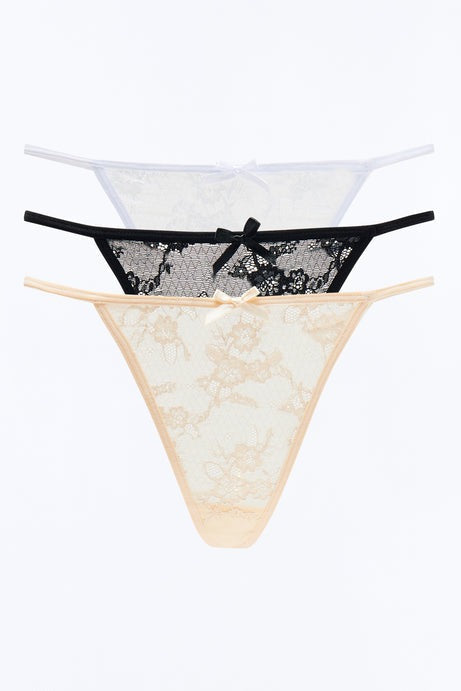 3 Pack Stretch Lace G-String Panty Pack - Nude/combo