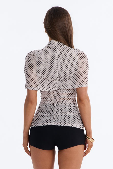Kendall Mesh Polka Dot Mock Neck Short Sleeve Top - Cream/combo