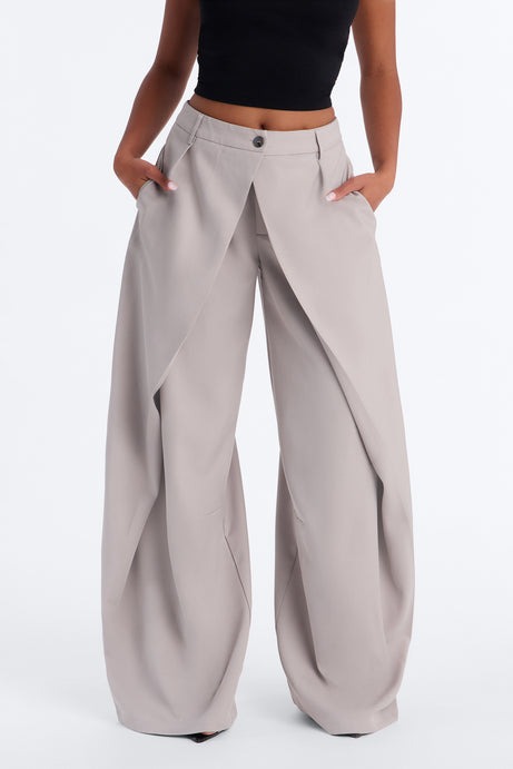 Margaret Solid Wide Leg Front Wrap Trouser Pant - Light Grey