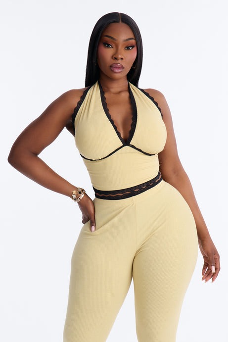 Your's Truly Halter Laced Ribbed Capri Set - Yellow/combo