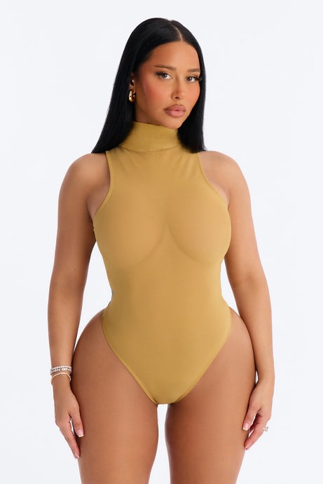 Power Mesh Turtle Neck Sleeveless Bodysuit - Honey
