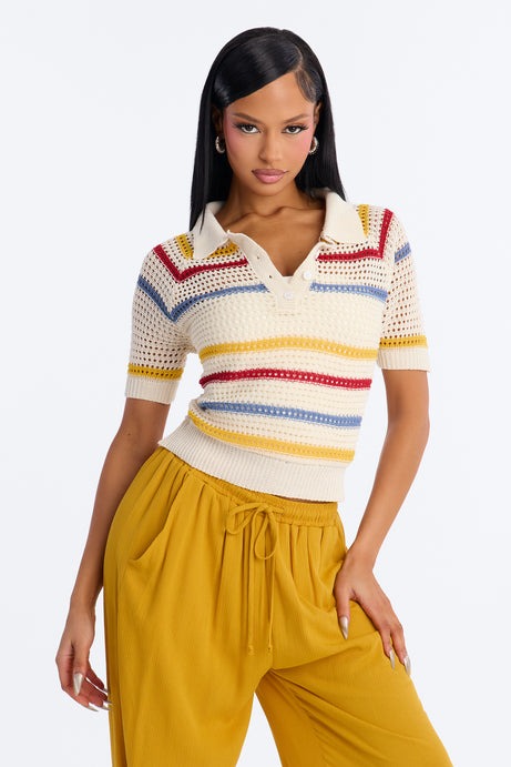 Clear Skies Crochet Polo Top - Natural/Combo