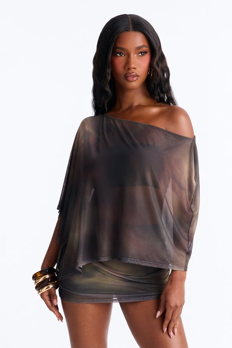 Camaria Mesh Poncho Skirt Set - Brown/combo