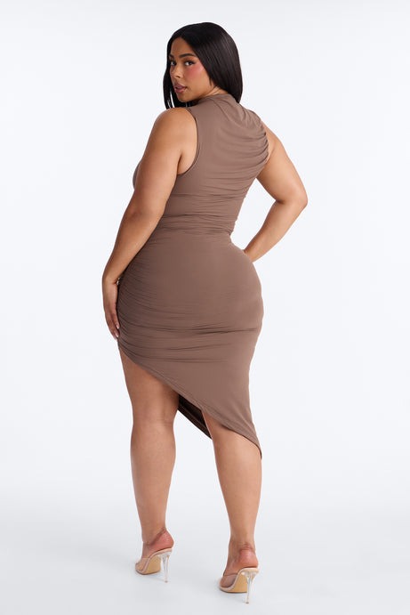 Second Skin Double Lined Ruched Slit Midi Dress - Brown