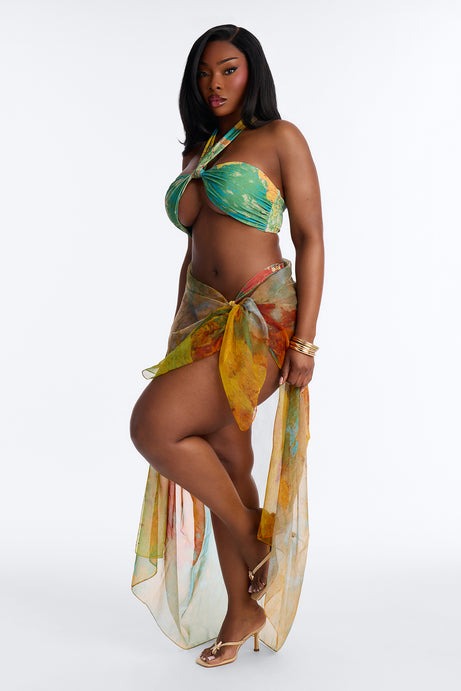 Mina Bandeau Halter Chiffon Sarong 3 Piece Bikini Set - Yellow/combo