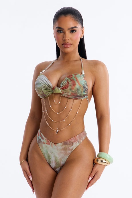 Daniela Animal Halter Hardware 3 Piece Bikini Skirt Set - Green/combo