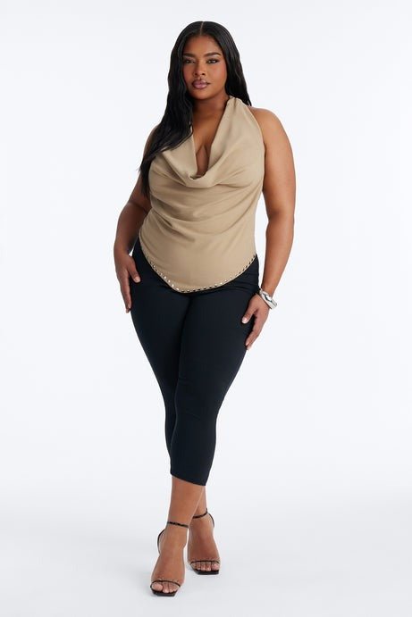 Piper Studded Crepe Knit Cowl Neck Halter Top - Stone
