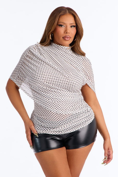 Kendall Mesh Polka Dot Mock Neck Short Sleeve Top - Cream/combo