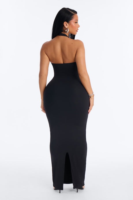 Second Skin Bra Pad Sleeveless Halter Maxi Dress - Black
