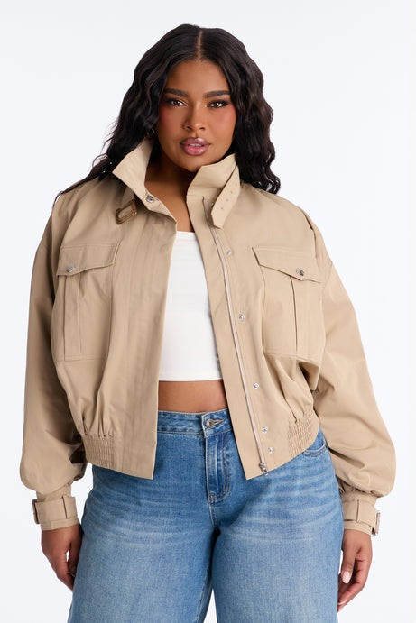 Gracelle Lightweight Twill Funnel Neck Bomber Jacket - Khaki