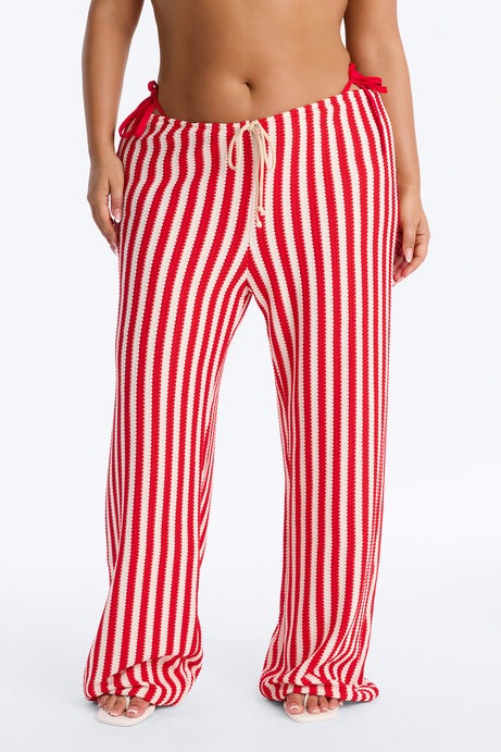 Denver Striped 3 Piece Triangle Bikini & Cover Up Pants Sunsuit - Red/combo
